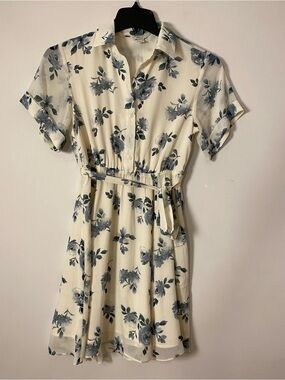 RW&CO. Cream Mini Shirt Dress with Blue Floral Print